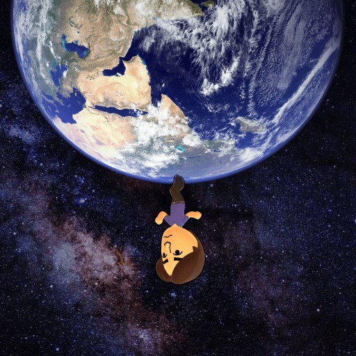 Steve's Mii skips across the underside of the Earth.