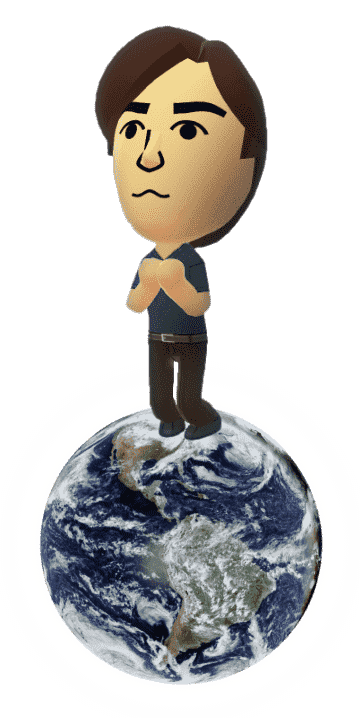 Steve's Mii stands on the Earth and gazes upward.